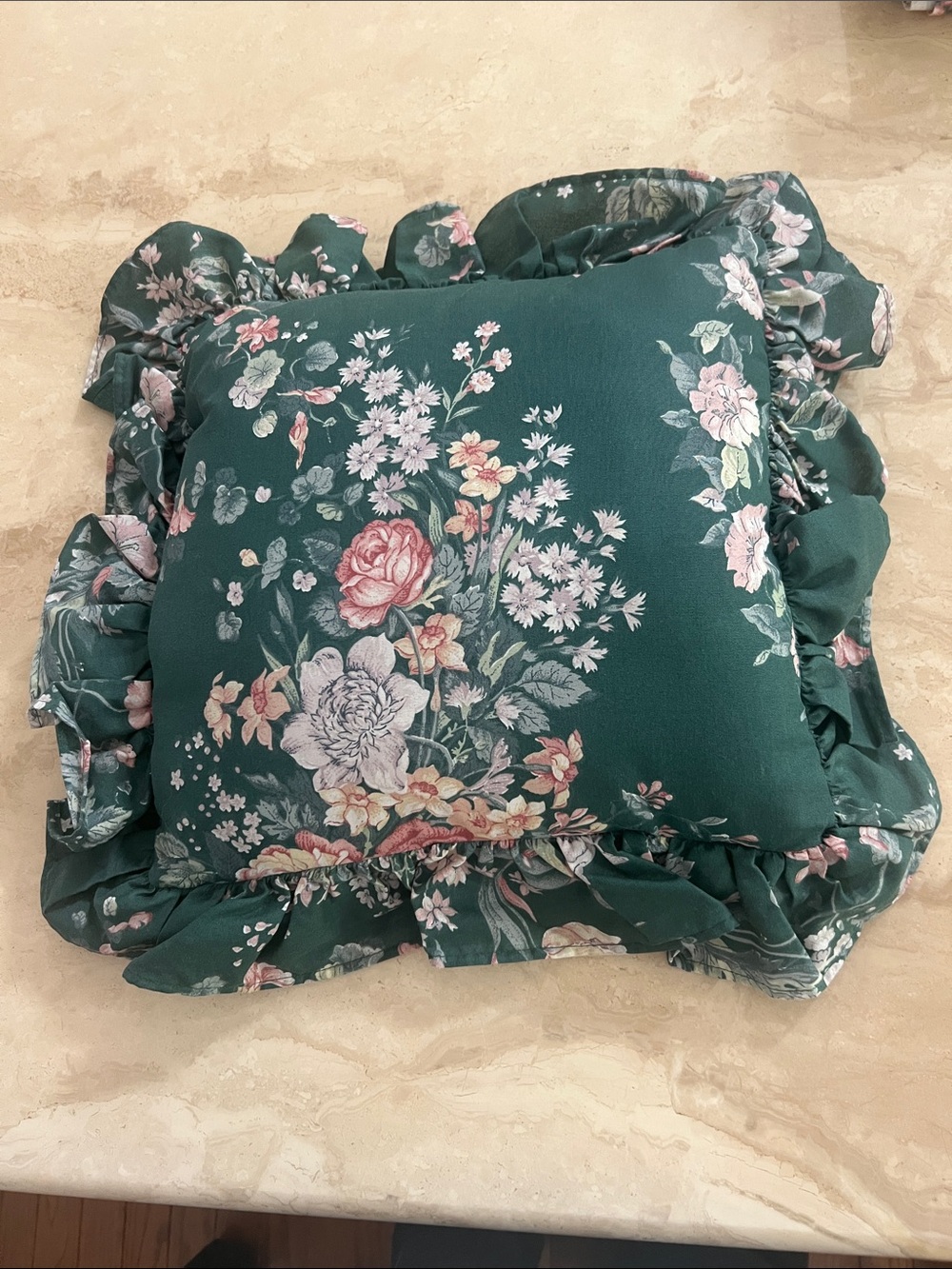 Waverly Green Floral Ruffled Throw Pillow 20”x20”